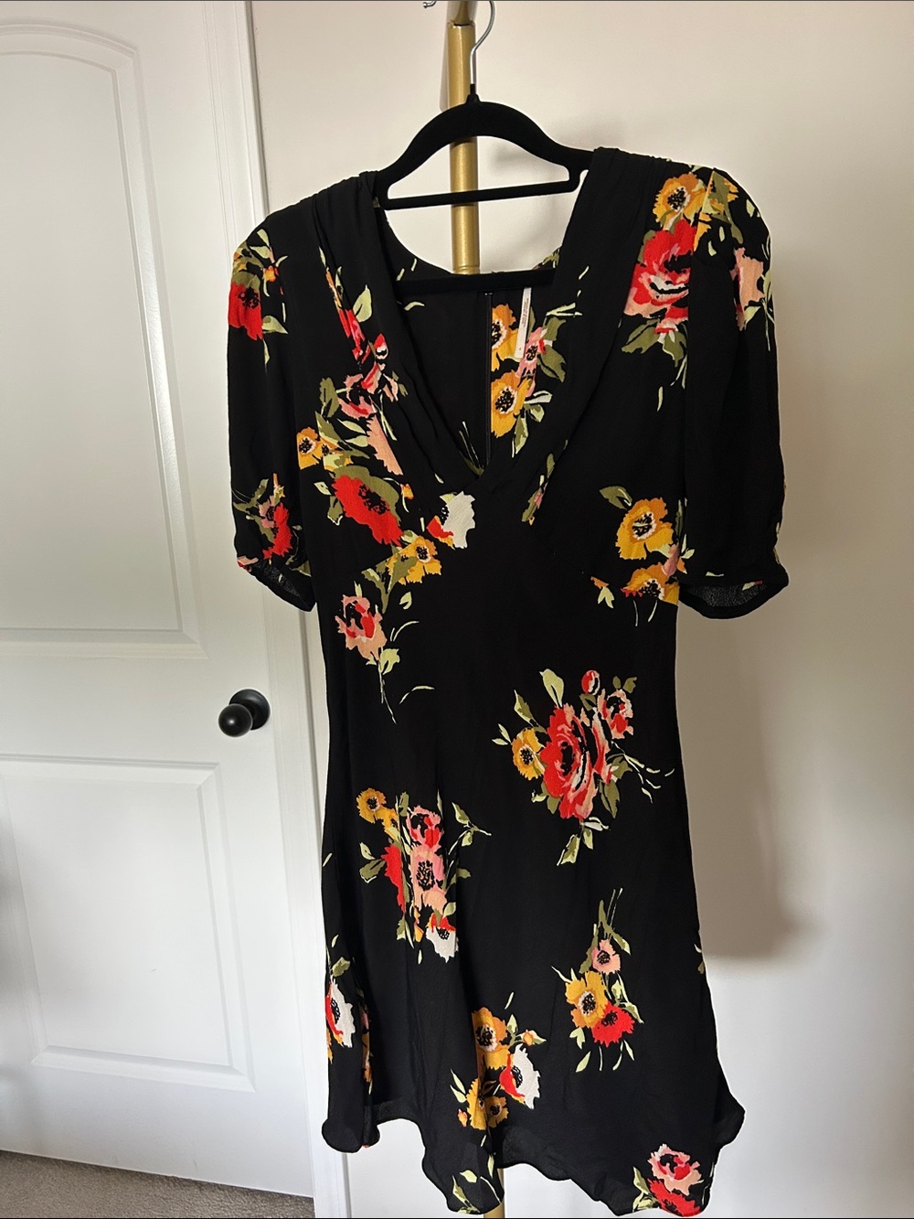 Free People Black Floral Mini Dress with Red and Yellow Blooms
